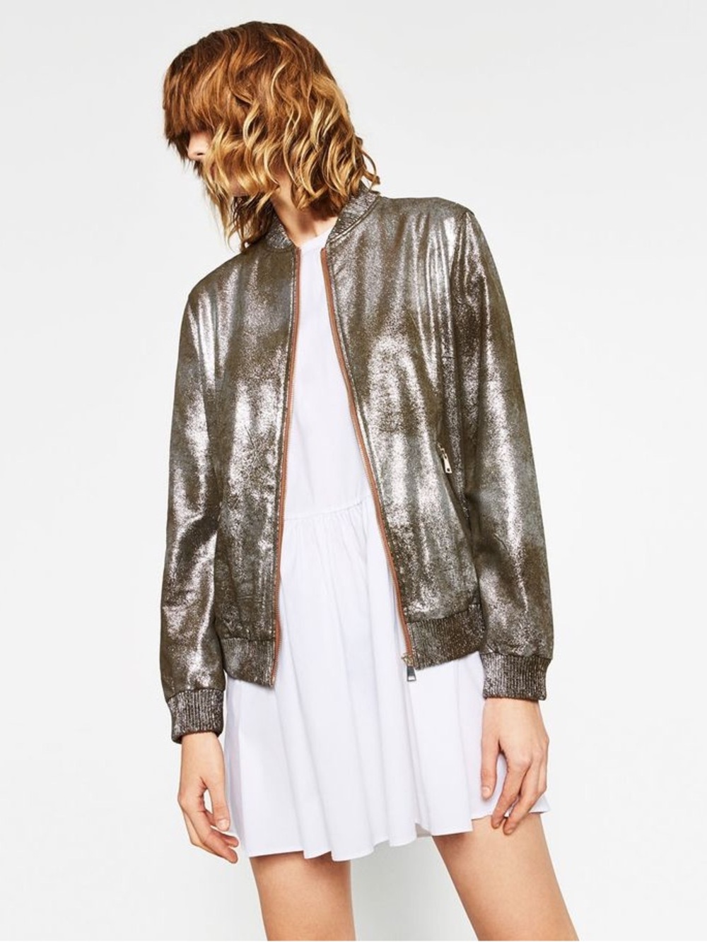Zara Woman, Olive Metallic Bomber Jacket, Size XS